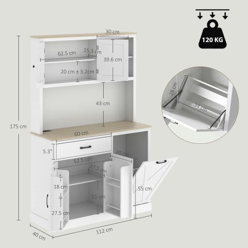 HOMCOM Pantry Cabinet with Charging Station, Microwave Stand, White