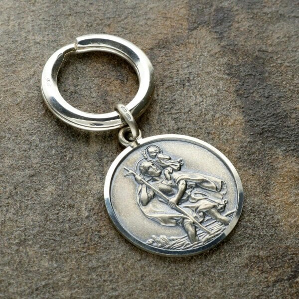 Christopher James of London Antique Finish Sterling Silver 27mm St Christopher Keyring With Travellers Prayer and Optional Engraving