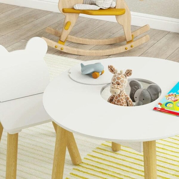 Bobobiy 3-Piece Kids Activity Table Set with Centre Mesh Bag, Bear-Shaped Backrest, for Arts and Crafts, Reading, White