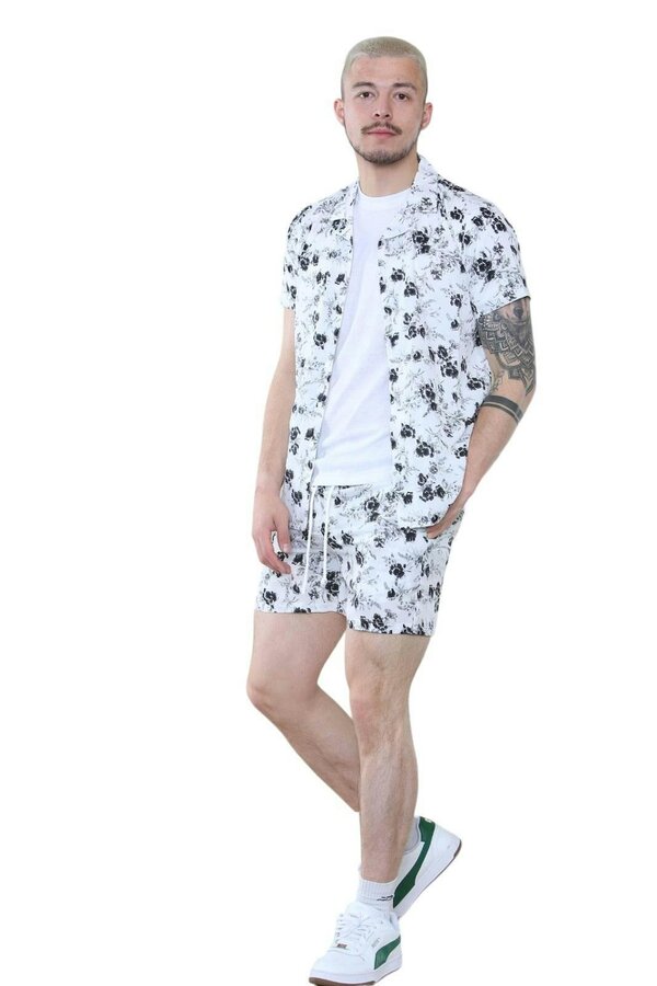 Men's Black and White Floral Co-Ord Set - Shirt and Shorts