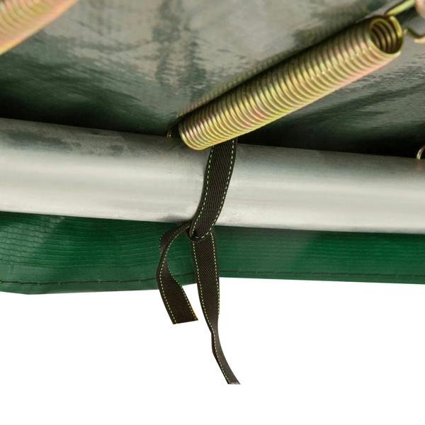 Green trampoline pad corner with black securing straps and stitched attachment points