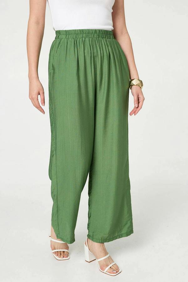 Khaki | Elasticated High Waist Wide Leg Trousers