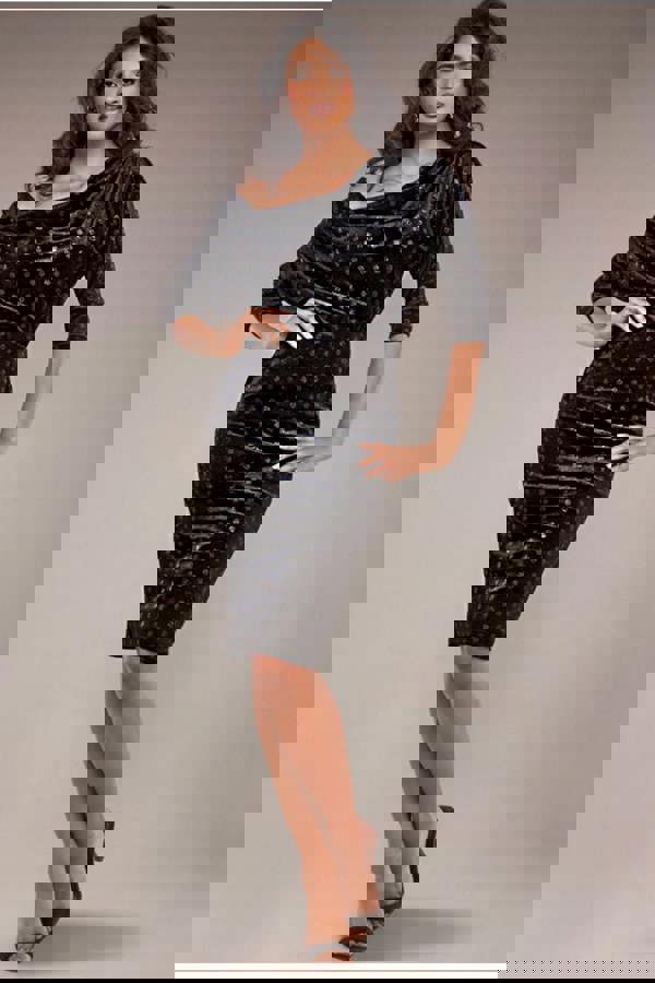 Glitter Velvet Cowl Neck Sheath Midi Dress - Black DR4691