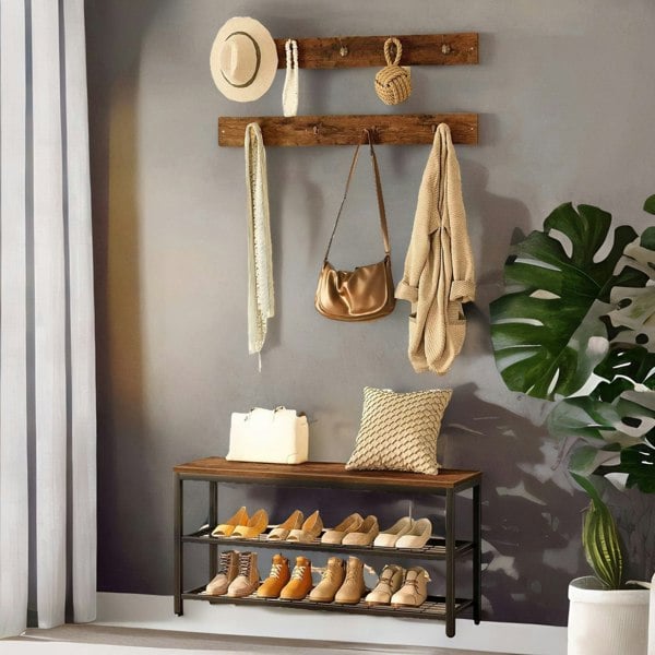 Rafaelo Mobilia Hallway Shoe Bench Set with 9 Hooks and Shelf