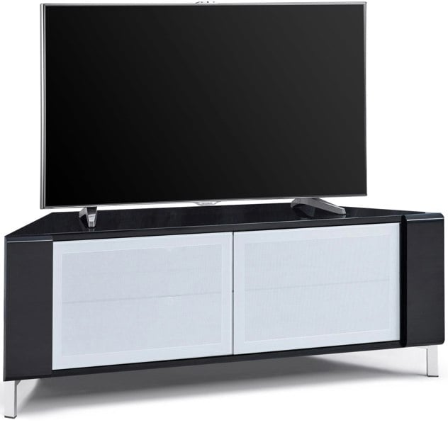 MDA Designs CORVUS Corner-Friendly Gloss Black Contemporary Cabinet with Black Profiles White BeamThru Glass Doors for Flat Screen TVs up to 50"