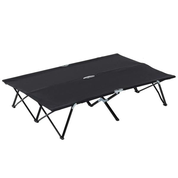Black double camping cot with black fabric sleeping platform and steel foldable legs