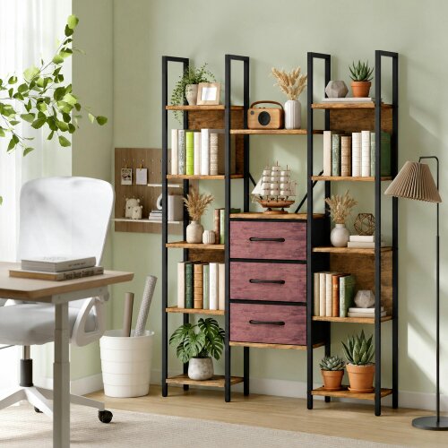 HOMCOM 5-Tier Bookcase with Open Shelves Drawers, Rustic Brown