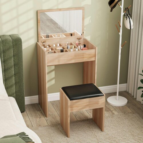 Wyld Haus Nolena Natural Wood Vanity Desk With Flip Mirror Cushioned Stool And Storage