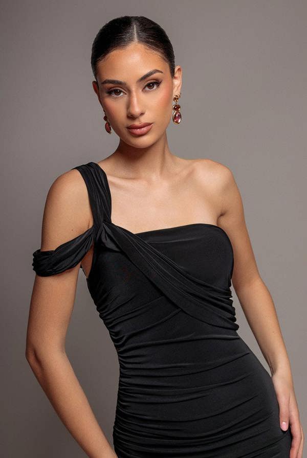 One Shoulder Asymmetric Twist Maxi Dress - Black DR5089