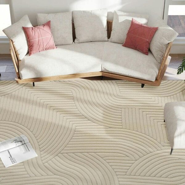 Modern Geometric Rug, Thick Plush, Non-Slip, 160 x 120 cm, Cream, Living Room, Bedroom, Office
