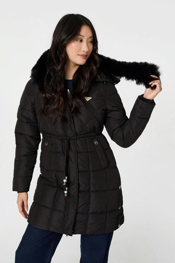 Black | Faux Fur Hooded Padded Longline Coat
