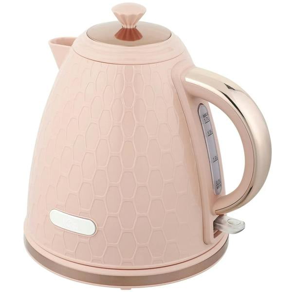 Light pink electric kettle with honeycomb embossed texture, handle and clear water level