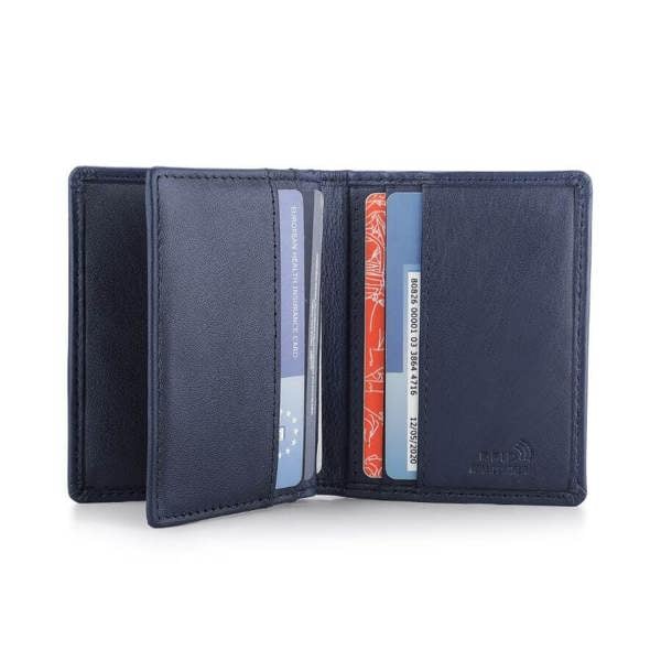 Navy leather wallet with cards inside on a white background