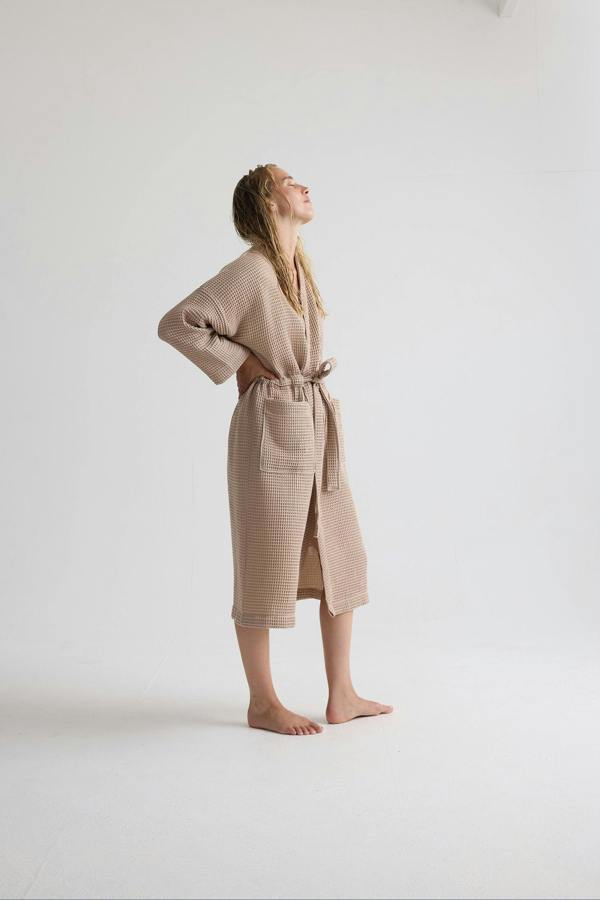 Pretty You London Waffle Kimono Robe In Summer Sand