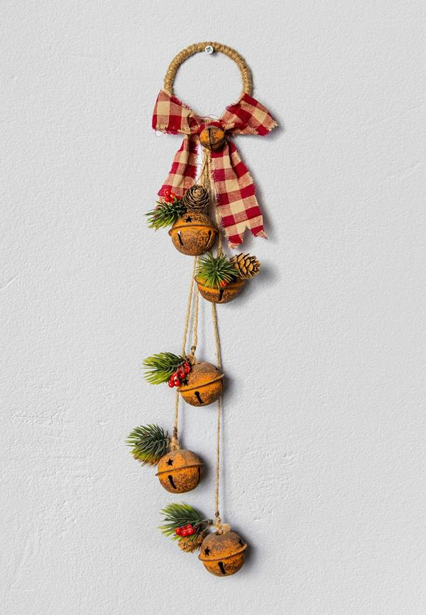 46 cm Rustic Red Hanging Christmas Bell Decoration with Ribbon, Pinecones and Berries for Home Display image 1