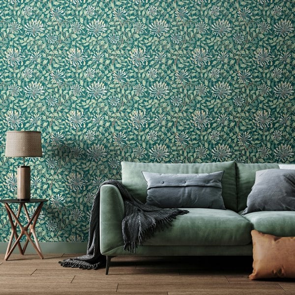 Hoopla Walls Honeysuckle Leaf Trail - Dark Jade 10m Wallpaper