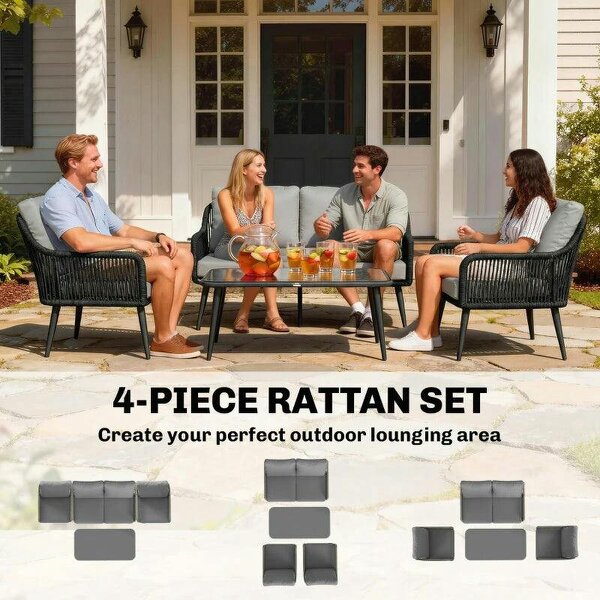 Rattan Garden Furniture Set, 4 Piece Outdoor Patio Furniture with Tempered Glass Table and Chairs, Indoor Balcony Conservatory Set