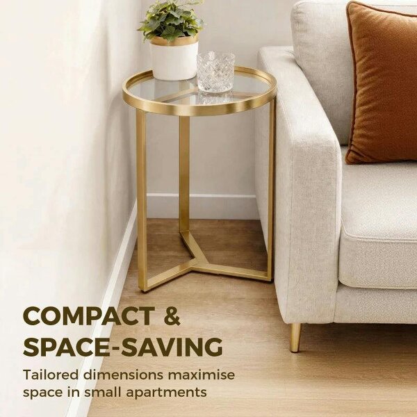 Round Side Table with Tempered Glass Top and Geometric Metal Frame for Small Space, Gold Tone