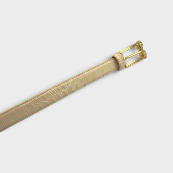 Supplied Fashion beige embossed crocodile leather belt with a gold-tone double Medusa buckle.