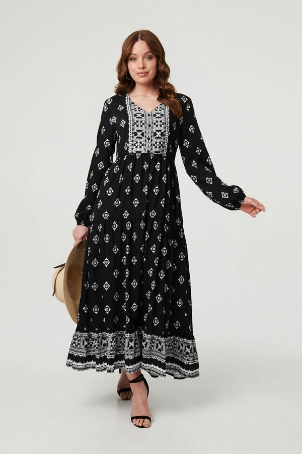 Black | Printed Long Sleeve Smocked Maxi Dress