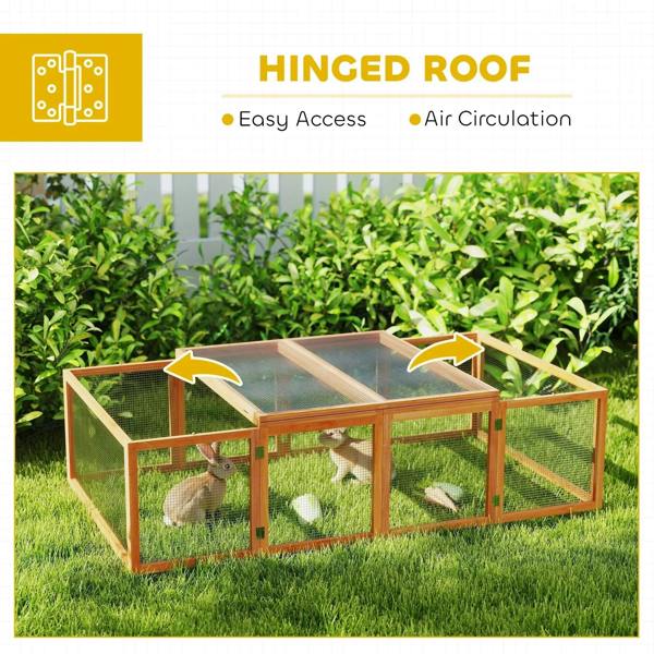 Natural wood rabbit hutch with hinged roof open, wire mesh enclosure