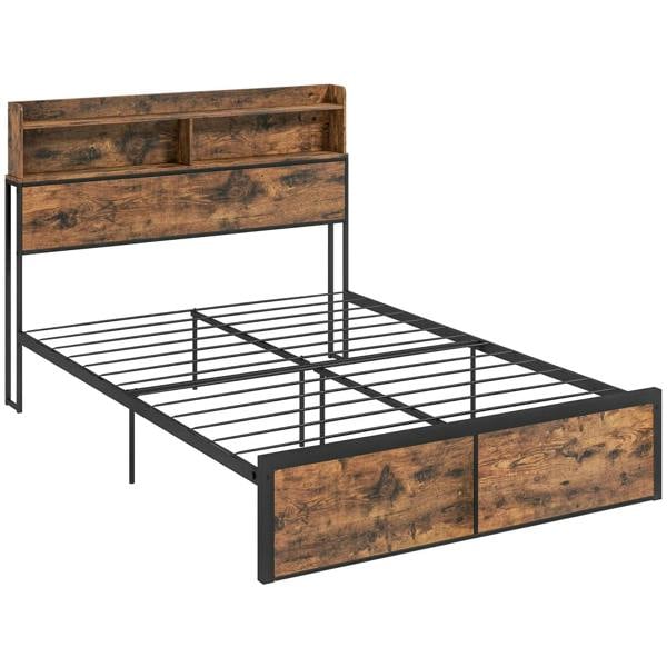 Rustic brown industrial double bed frame with storage headboard, footboard drawers, slats