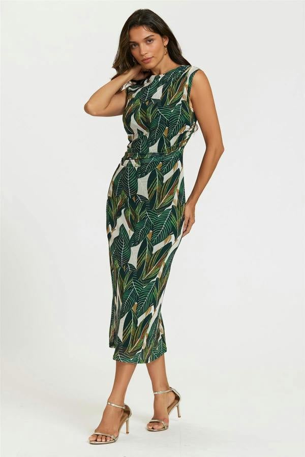 FS Collection Leaf Print Mesh Maxi Dress In Green