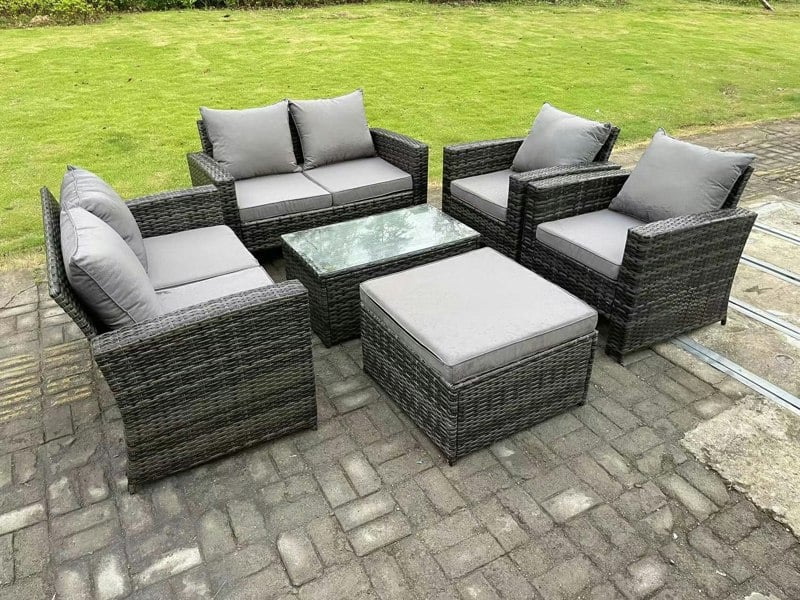 Fimous 7 Seater Dark Grey Mixed High Back Rattan Sofa Set Rectangular Coffee Table Garden Furniture Outdoor Patio