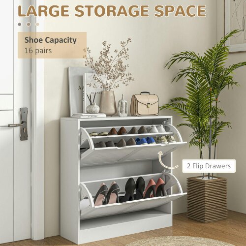 Wyld Haus Nelu Neka Wooden White Slim Entryway Shoe Cabinet With 2 Flip Drawers Slatted Design