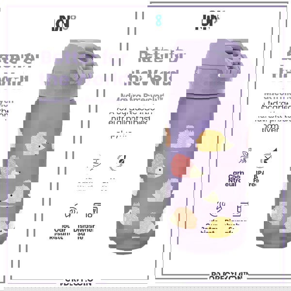 A purple water bottle, featuring a hedgehog design, sits against a white background. It’s made from Recyclon™, a plant-based polymer, and is BPA-free, odour-resistant, and dishwasher-safe.