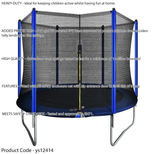 2440mm Kids 8ft Trampoline, Enclosure Net, Ladder & Anchors 50KG Max Garden Jump - LoopsDirect