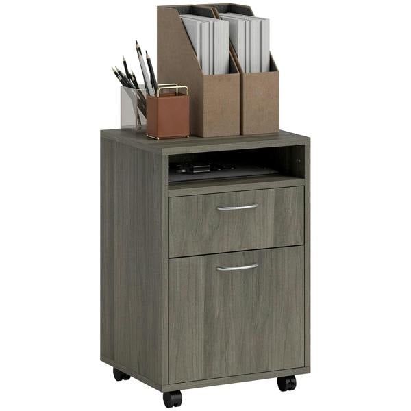 Grey mobile filing cabinet with drawer, open top shelf, metal pull handles, and 4 wheels