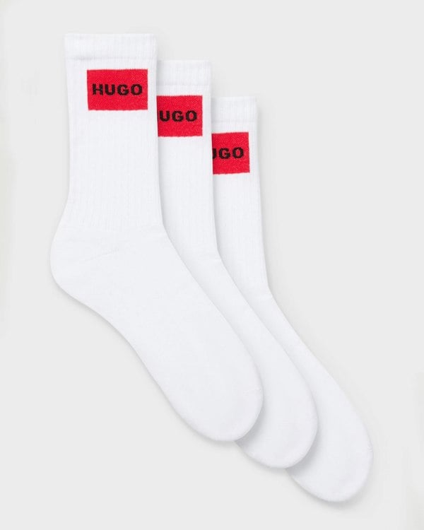 HUGO 3-Pack Quarter Length Combed Cotton Ribbed Mens Socks  - White 100