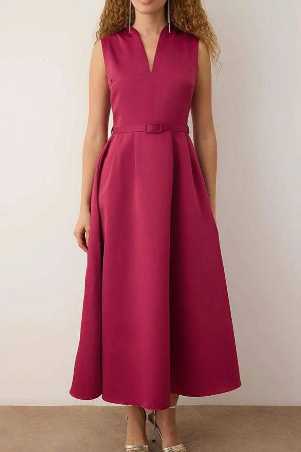 WOVCOR Belted V-Neck Satin Maxi Evening Dress