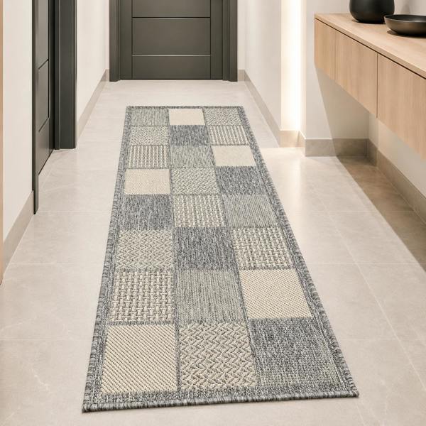 Viva Rugs Non-Slip Grey Rug Flat Weave Checkered Kitchen Dining Room Living Room Area Mat