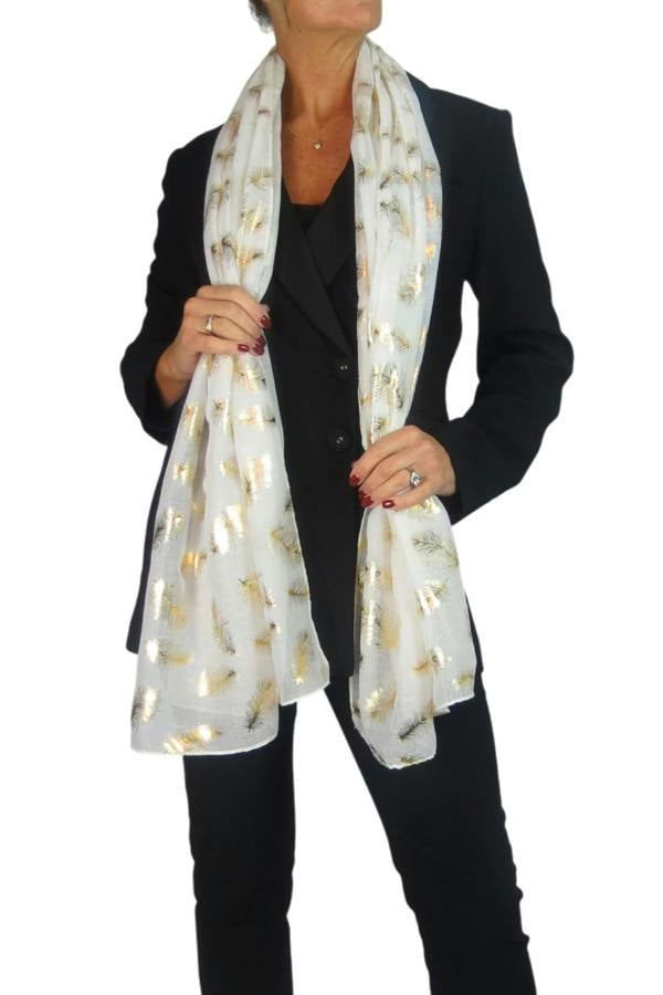 Paulo Due Gold Feather Print Soft Voile Lightweight Oversized Scarf