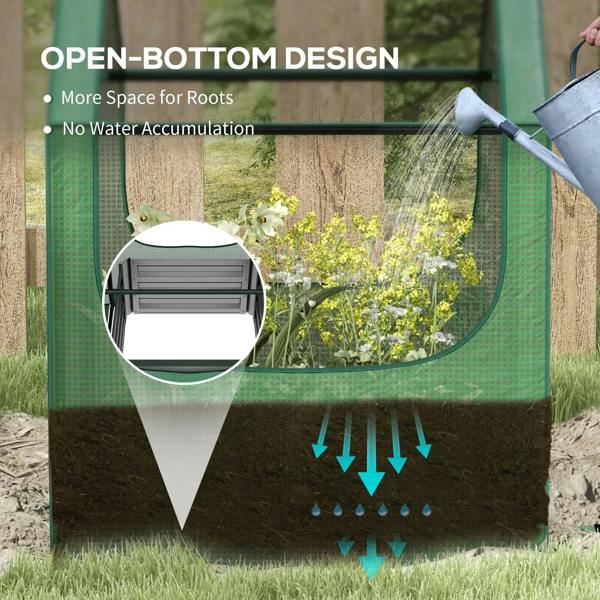 Green greenhouse cover over planter bed with open-bottom design for airflow