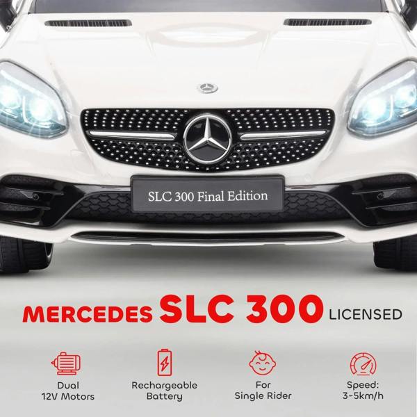 White ride-on car front with LED headlights and Mercedes-style star grille detail.