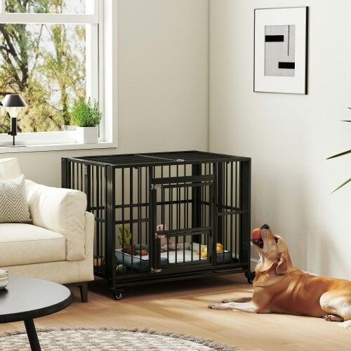 PawHut 43" Foldable Heavy Duty Dog Crate w/ Locks, Removable Tray, Wheels