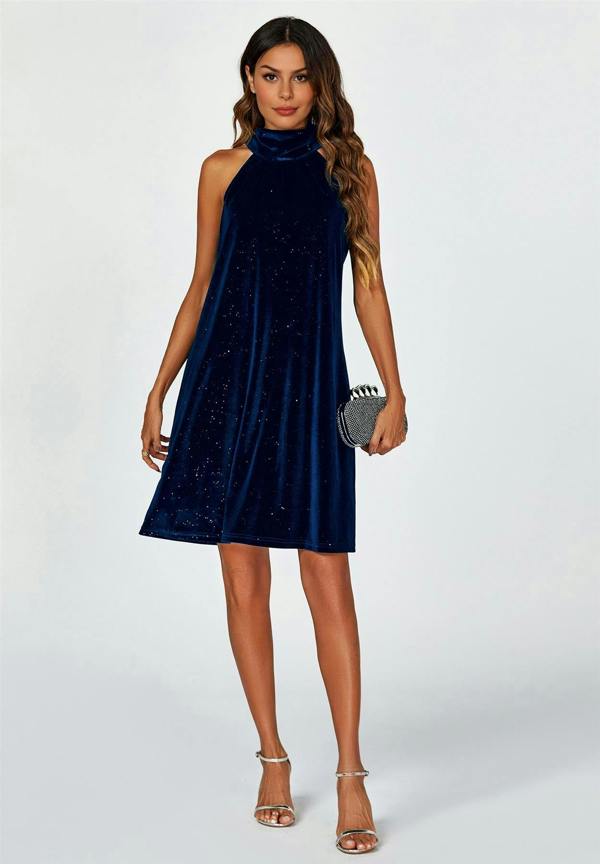 FS Collection Silver Foil Velvet Halter Neck Tie Back Mini Dress In Navy