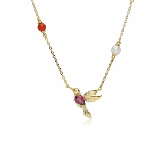 253N314201925 ECFEW™ Creator Rhodolite, Peridot, Malachite & Dyed Carnelian Hummingbird Necklace In Sterling Silver 1