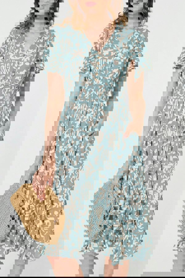 Sage | Abstract Print Shirred Knee Length Dress