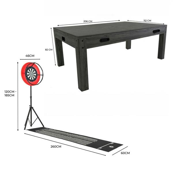 7-in-1 grey games table with sleek wood finish, includes darts bundle, LED light, and dimensions for versatile gaming options