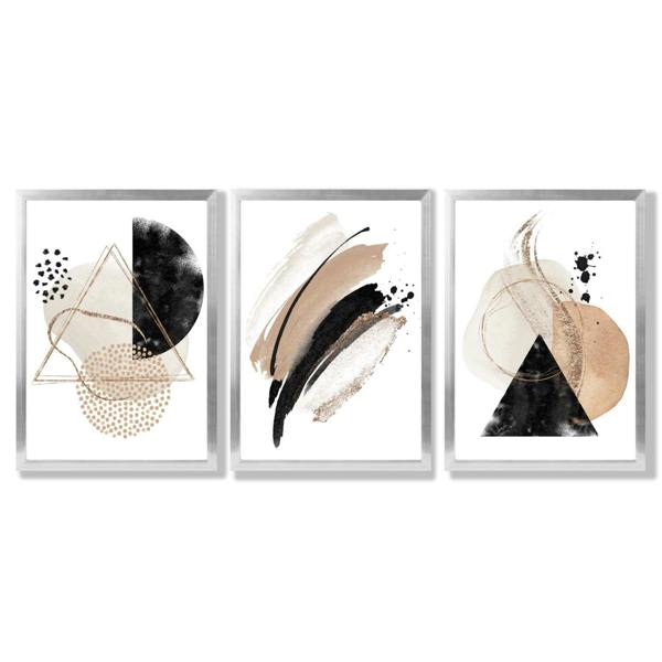 Artze Wall Art Abstract Black Beige Set of 3 Watercolour Shapes Framed Wall Art