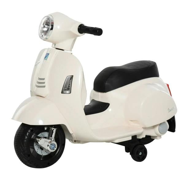 White kids electric ride-on scooter with headlight, black seat, and horn on handlebars