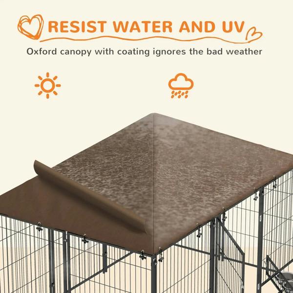 Brown waterproof-style canopy cover for outdoor dog kennel over black wire frame