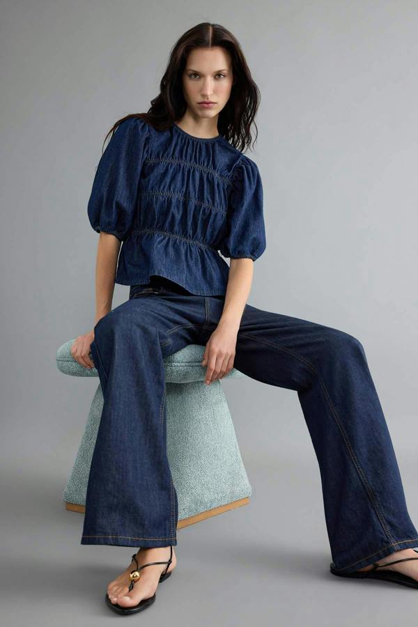 Balloon Sleeve Stitch Detail Crew Neck Denim Blouse