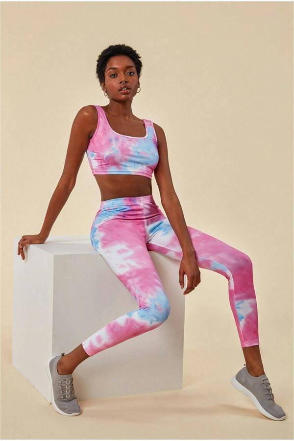Tie-dye Crop Top With Leggings Set - Pinkblue TS25