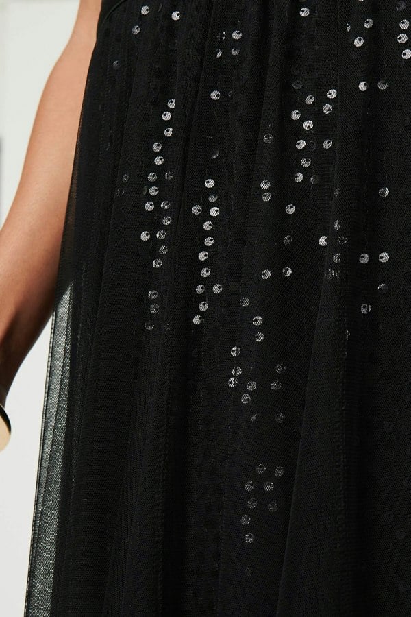 Black | Embellished Mesh Layer Midi Skirt
