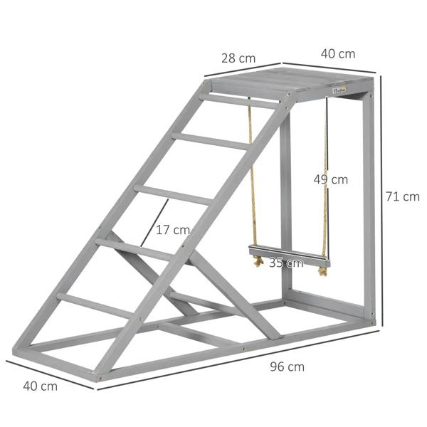 Grey wooden chicken coop toy with ladder ramp, platform, and hanging swing ropes.